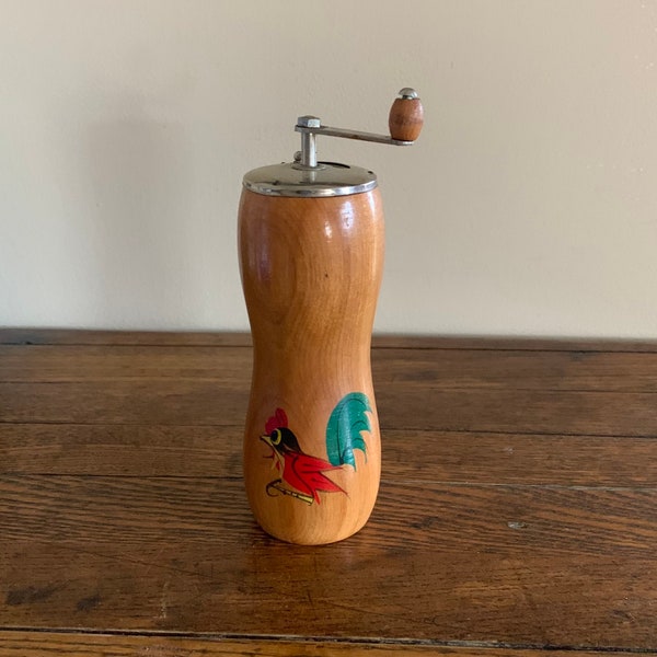 1950s Rooster Wood Pepper Grinder . vintage 50s Mid Century Maple Wood Pepper Mill Grinder