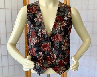 1990s Floral Cotton Vest . Vintage 90s JH Collectibles Fall Colors Cinch Back Vest . Leather Buttons . Made in USA . Size 8 medium