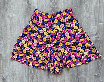 1990s Floral Rayon Skirt Shorts SKORTS by Anxiety . Vintage 90s Bright Pink Yellow Flowers High Waist Skorts . Size 8  . Inseam 6 inches