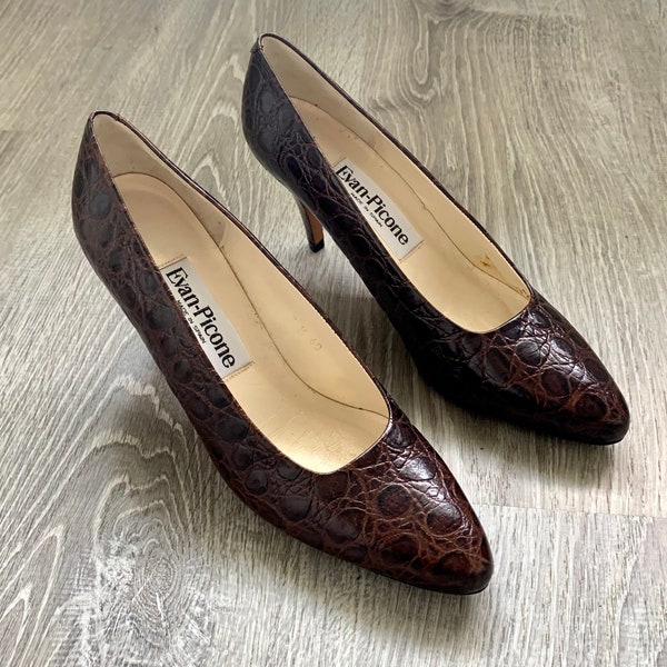 EVAN PICONE Brown Leather Moc Reptile Designer Pumps . 1990s Quality Made in Spain Stylish High Heels . Size 7 N