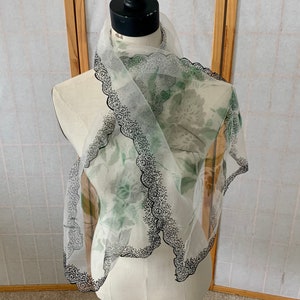 1950s Flocked Sheer Chiffon Floral Scarf . Vintage 50s 60s Long Rectangular Dressy Neck Scarf . Black Velvety Flocking & Muted Floral Scarf image 2