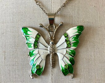 Enamel Butterfly Pendent . Vintage White Green with Rhinestones Insect Necklace