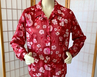 1960s Mod Pink Floral Blouse . Vintage 60s 70s Red & Pink Flower Polyester Blouse . Size Extra large