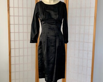 1950s Black Satin Brocade Dress . Vintage Classy 50s Satin Curvy Body Fitting Wiggle Evening Party Dress . Size Extra Small
