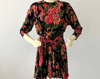 1990s CAROLE LITTLE Rayon Floral Mini Dress . Vintage 90s Black with Pink & Red Flowers Short Rocker Dress . Size Small