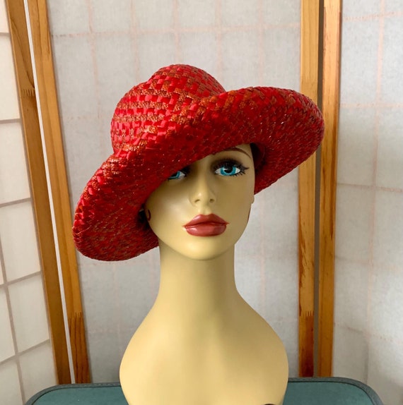 Vintage Wide Brim Red Straw Hat Vintage 1940s Red Straw Hat Wide Brim Flower Decoration  main image 2