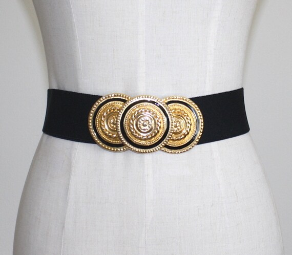 Vintage Gold Buckle Waspie Cinch Belt . 1980s Blac