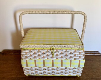 1960s Yellow Woven Wicker Sewing Basket . Vintage 60s 70s Yellow White Gingham Check & Wicker Sewing Organizer Basket . JC Penney  Japan