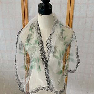 1950s Flocked Sheer Chiffon Floral Scarf . Vintage 50s 60s Long Rectangular Dressy Neck Scarf . Black Velvety Flocking & Muted Floral Scarf image 5