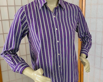 Ralph Lauren Y2K Blouse Petite Medium – Purple Black White Stripe Shirt – 100% Cotton Designer Button Up – Vintage Ralph Lauren PM Top