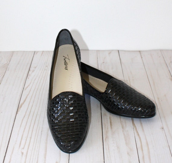 Vintage 1980/'s Black Woven Leather Loafers by Trotters Size 7