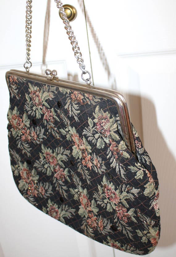 1950s Tapestry Handbag . Vintage 50s Black Floral… - image 3