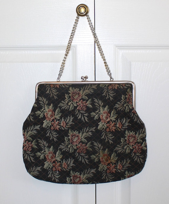 1950s Tapestry Handbag . Vintage 50s Black Floral… - image 2