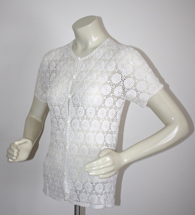 1960s 70s Short Sleeves Lacey Rayon Knit Semi Sheer Blouse Top Asian Ivory White Lace Cardigan Sweater Small