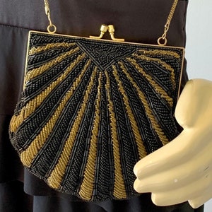 1950s Black Gold Beaded Evening Bag . Vintage 50s 60s Cross Body Bag Formal Party Prom Shoulder Purse