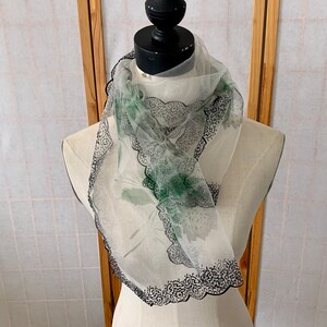 1950s Flocked Sheer Chiffon Floral Scarf . Vintage 50s 60s Long Rectangular Dressy Neck Scarf . Black Velvety Flocking & Muted Floral Scarf image 4