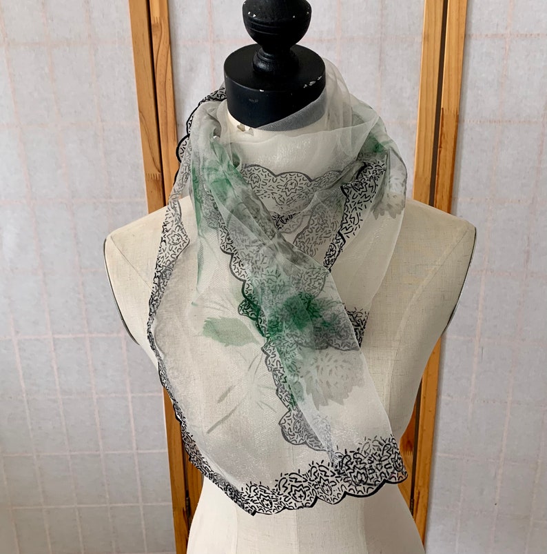 1950s Flocked Sheer Chiffon Floral Scarf . Vintage 50s 60s Long Rectangular Dressy Neck Scarf . Black Velvety Flocking & Muted Floral Scarf image 4