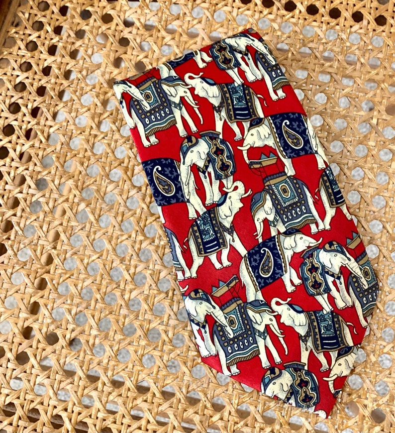 RENE CHAGAL Hand Made SILK Men's Neck Tie . Dressed Elephants Design . Vintage Y2K Formal Dress Tie image 3