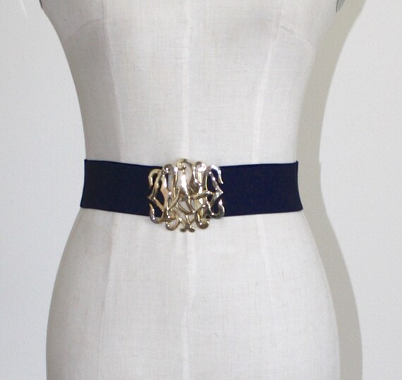 Vintage Gold Buckle Waspie Cinch Belt . 1980s Navy