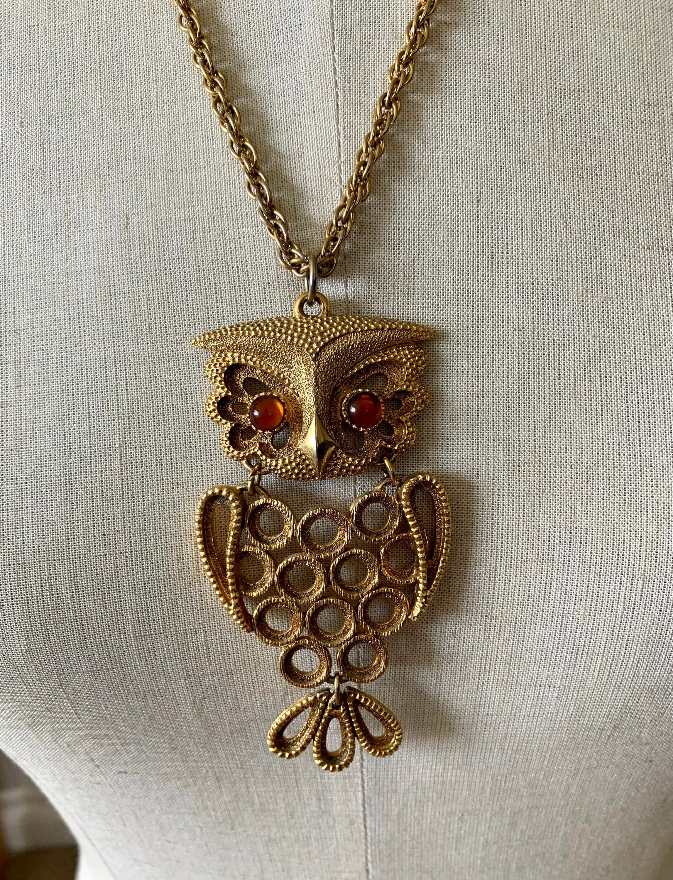1970s Gold Articulated Owl Pendent . Vintage 70s Gold Chain With Owl Pendent Amber Orange Rhinestone