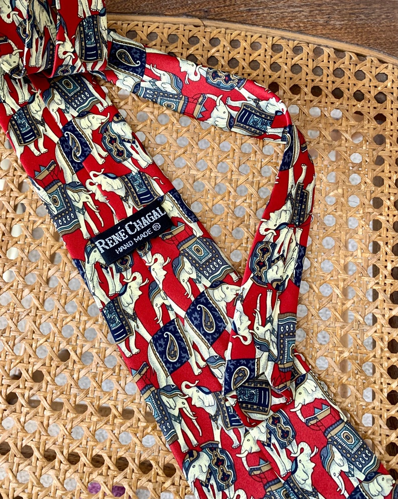 RENE CHAGAL Hand Made SILK Men's Neck Tie . Dressed Elephants Design . Vintage Y2K Formal Dress Tie image 4