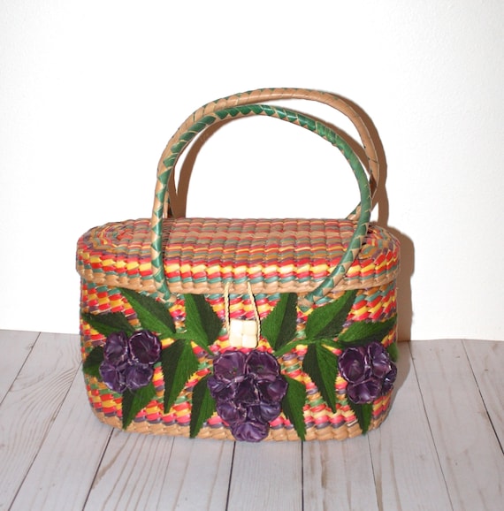 Vintage Floral Basket Purse . 1960s 70s Woven Raff