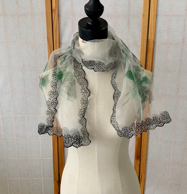 1950s Flocked Sheer Chiffon Floral Scarf . Vintage 50s 60s Long Rectangular Dressy Neck Scarf . Black Velvety Flocking & Muted Floral Scarf image 1