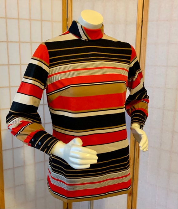 1960s MOD Striped Turtleneck Polyester Blouse . V… - image 3