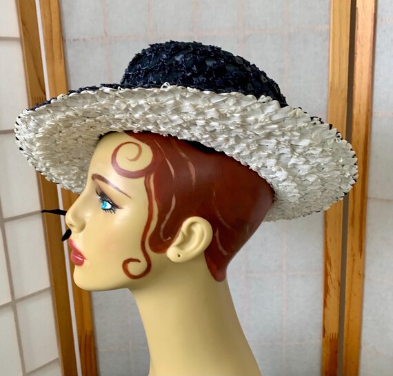 1950s Navy Blue White Fedora Hat . Vintage 50s 60s Woven  display picture 2