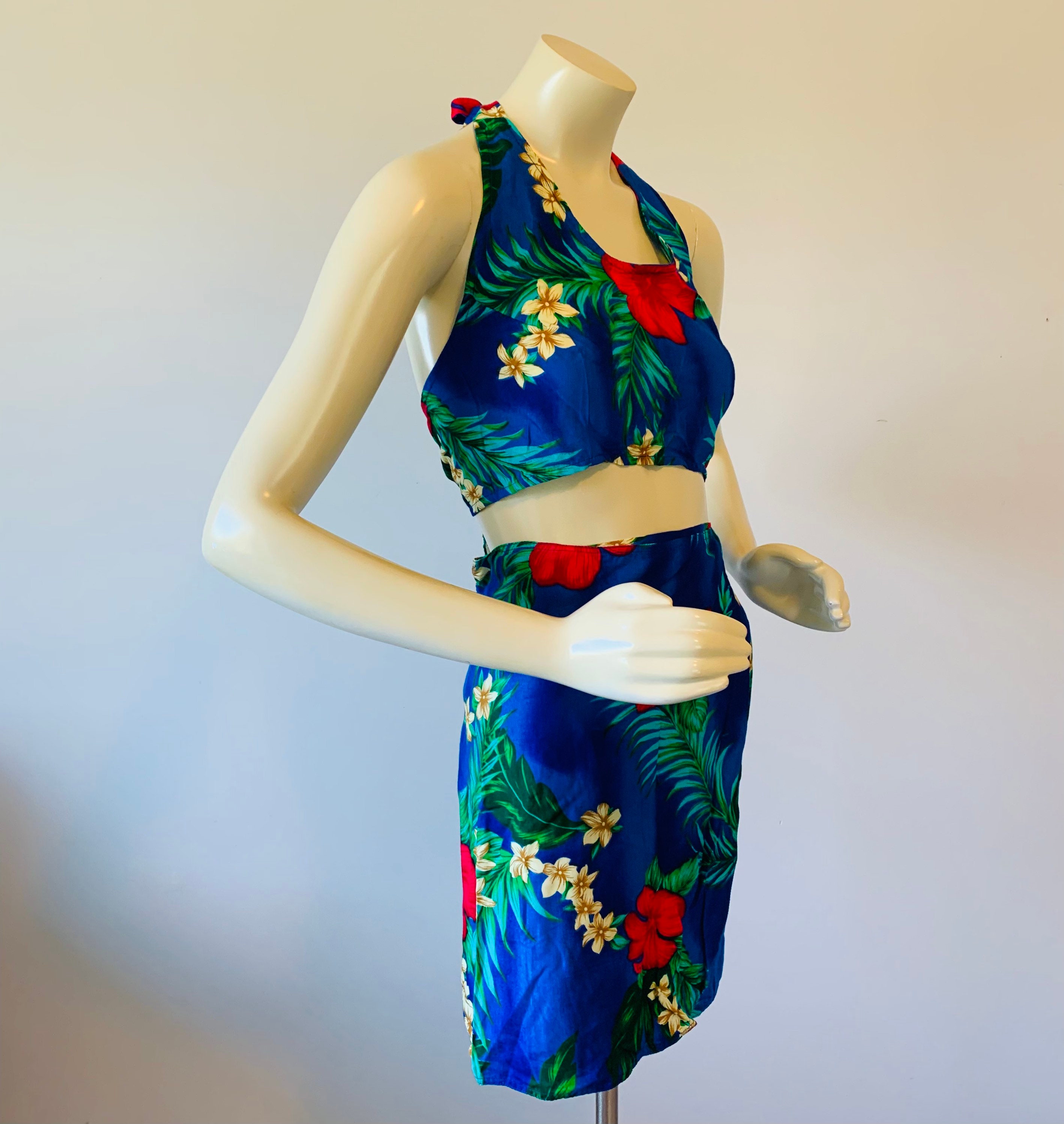 Vintage Floral Hawaiian 2 Piece Luau Beach Tiki Resort Dress