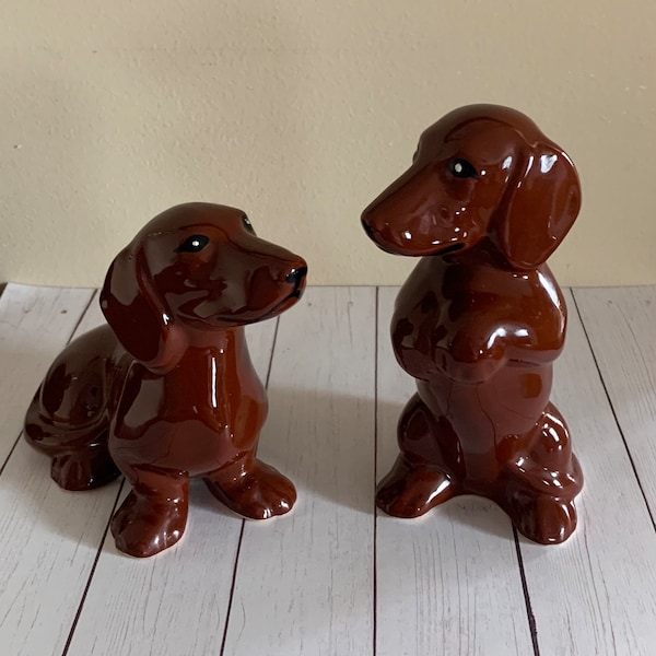 Vintage Dachshund Wiener Dog Ceramic Salt & Pepper Shaker Set . Brown Glossy Salty and Peppy Salt Shaker and Pepper Shaker Figurines