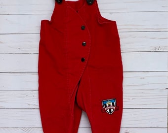 1970s 80s BUSTER BROWN Red Corduroy Overalls with University Appliqué. Vintage 70s 80s Baby's Overall Pants . size 6 to 9 Months