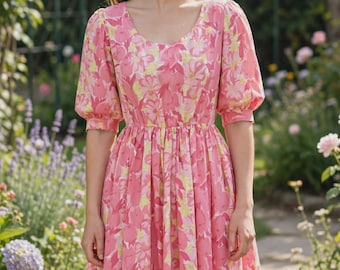 1960s Floral Party Dress . Vintage 60s Pink Nipped Waist Full Circle Skirt Tea Party Dress . Size Small . Small Waist Large Bust