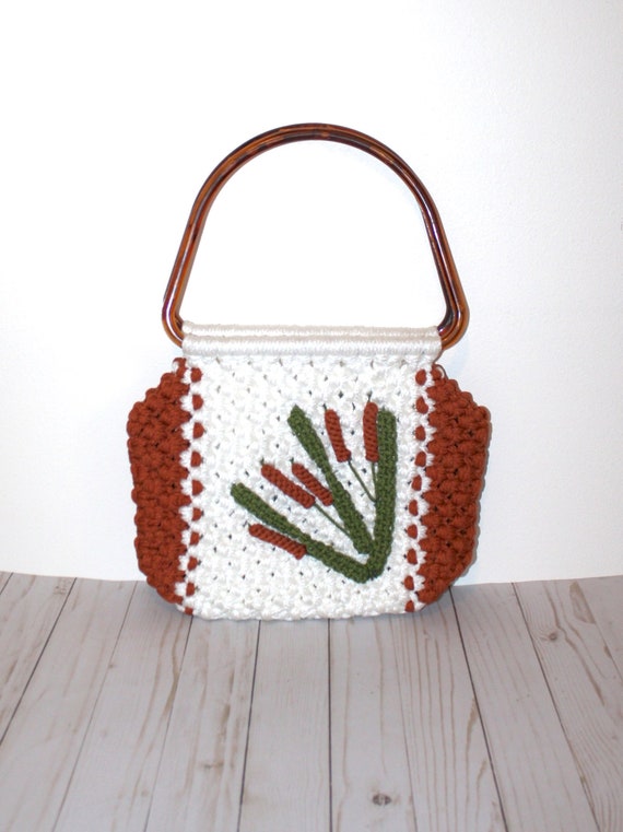 1970s MACRAME Handbag. Vintage 60s 70s White Brown