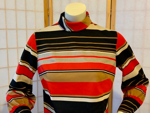 1960s MOD Striped Turtleneck Polyester Blouse . V… - image 2