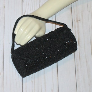 La Regale Black Beaded Sequin Party Purse . Vintage Round Tubular Satin and Beads Round Tubular Prom Formal Evening Bag