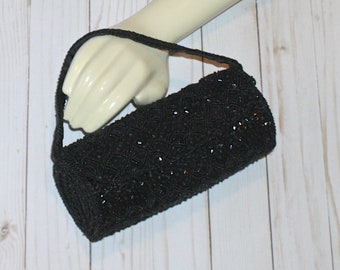 La Regale Black Beaded Sequin Party Purse . Vintage Round Tubular Satin and Beads Round Tubular Prom Formal Evening Bag