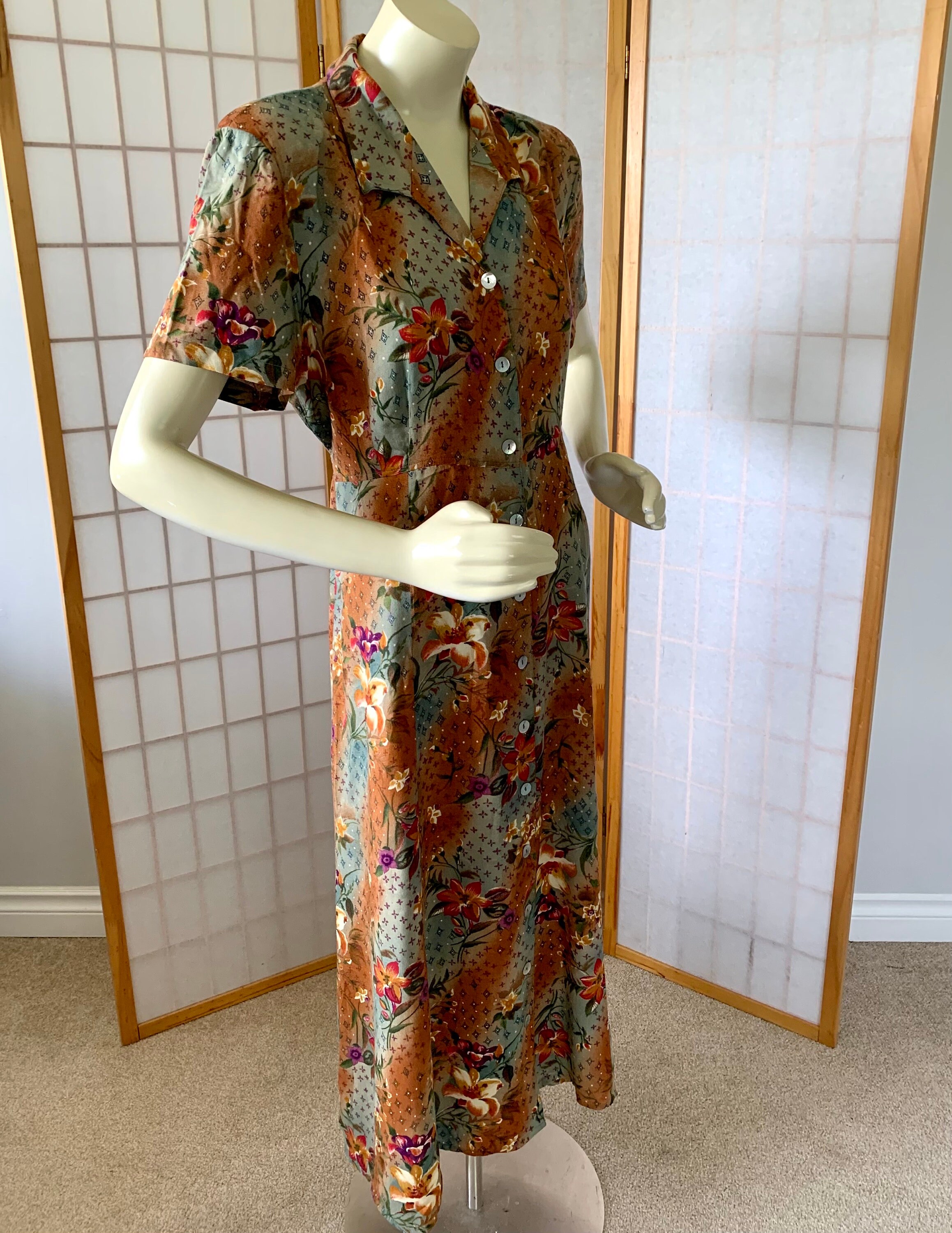 90s button up dress Vintage 90s Pastel Floral Button Down Maxi Dresses / 90s Floral Shirt Dress / Pastel Floral Vintage Maxi Dress