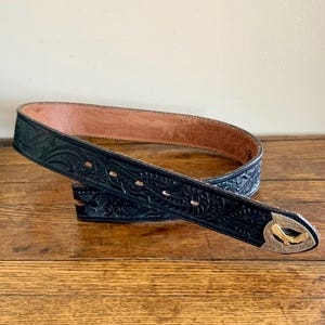 Vintage Cowgirl Hand Tooled Black Cowhide Leather Belt . Tooled Eagle and Gold Eagle on Silver Tip . SILVER CREEK Belt. BELT Only -no Buckle