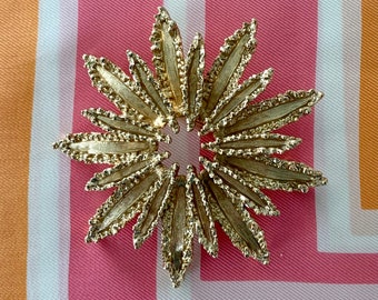 AVON Signed Starburst Gold Tone Metal Brooch Pin . Vintage 1960s Large Flower Statement Brooch