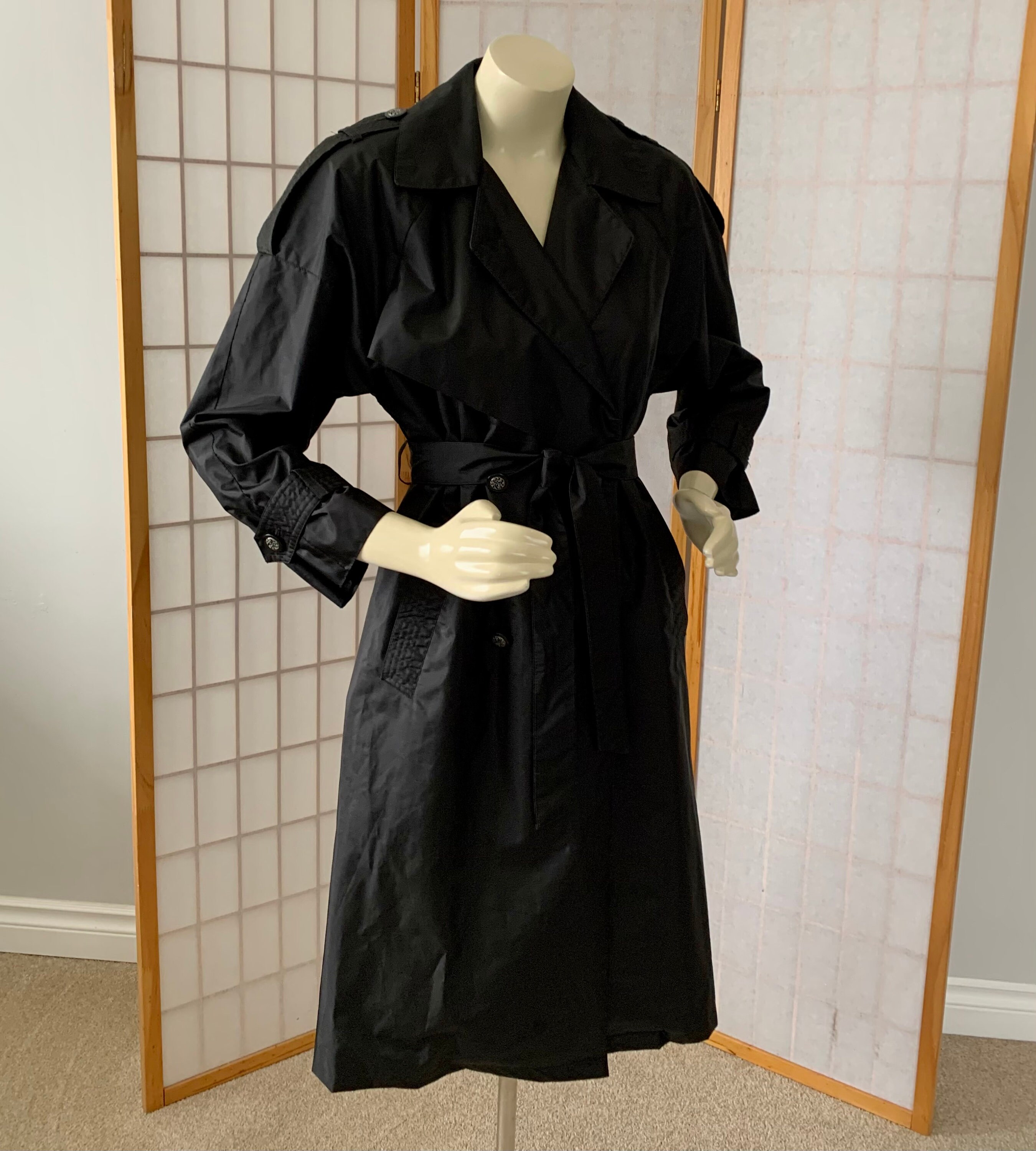 1980s Black Trench Coat . Vintage 80s J Gallery Double 1980s Black Trench Coat . Vintage 80s J Gallery Double