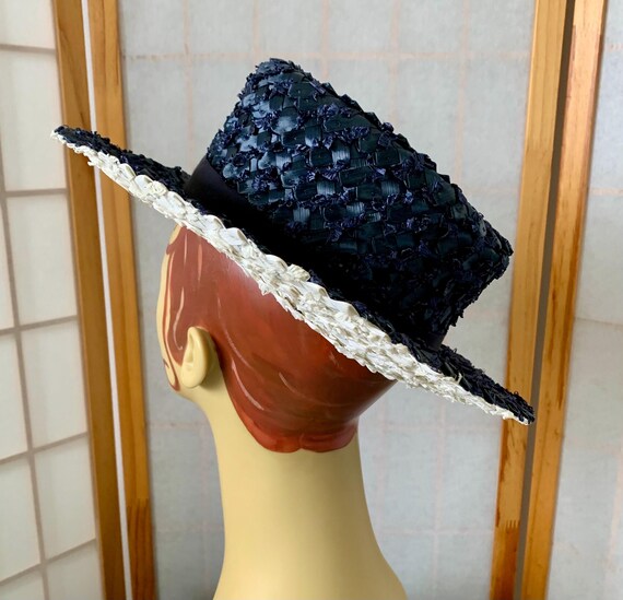 1950s Navy Blue White Fedora Hat . Vintage 50s 60s Woven  display picture 1