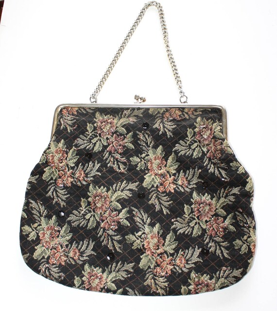 1950s Tapestry Handbag . Vintage 50s Black Floral… - image 5