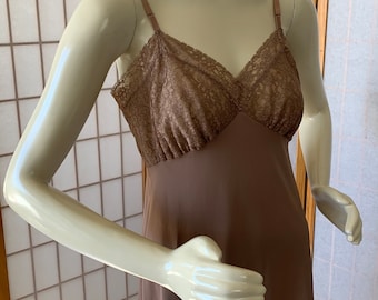 1960s Mocha Latte Lace Lingerie Full Slip by Van Raalte . Vintage 60s 70s Pin Up Rockabilly Nylon Dress Slip with Lace Bodice . Size Bust 34