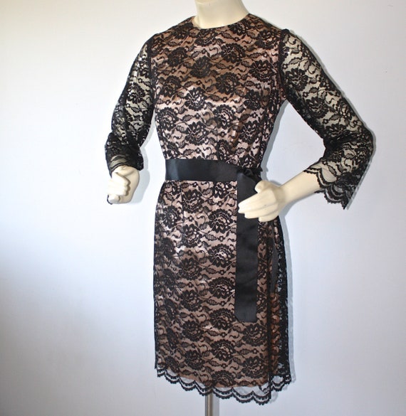 1950s Nude Allusion Black Chantilly Lace Party Dr… - image 2