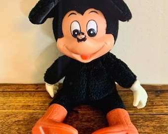1950s 60s MICKEY MOUSE Vinyl Face Plush Toy . Vintage 50s 60s RARE Collectible Walt Disney Productions Disneyland Stuffed Toy. Made in Japan