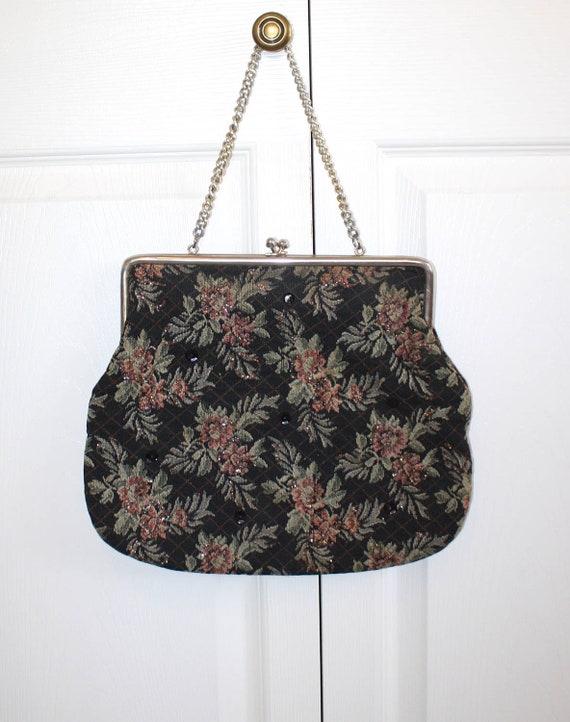 1950s Tapestry Handbag . Vintage 50s Black Floral… - image 1