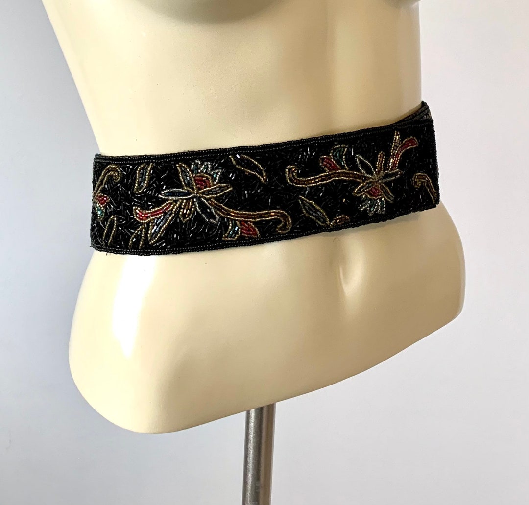 1980s Black Floral Beaded Belt . Vintage 80s La Regale  display picture 1