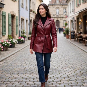 Vintage Oxblood Red Brown Leather Jacket Coat . 1990s Y2K  with matching Belt . Size Small