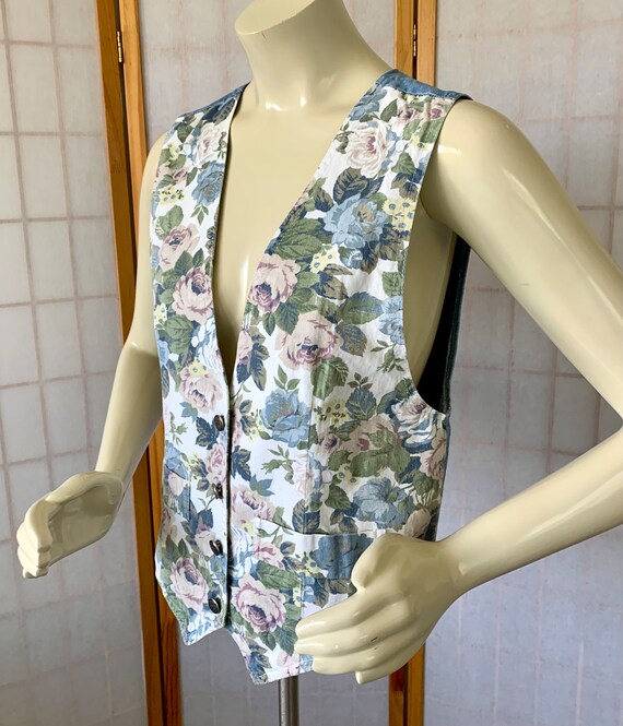1990s Floral Jean Vest . Vintage 90s Muted Pink B… - image 6